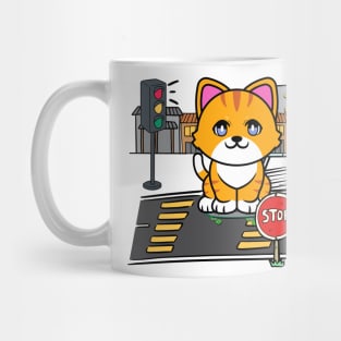 Cute orange cat is skate boarding on the street Mug